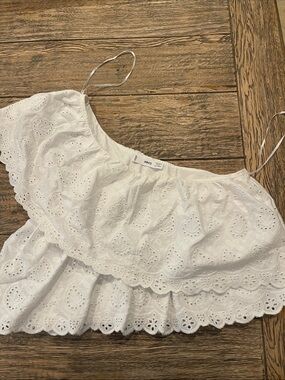 Mango White Eyelet Off-Shoulder Crop Top